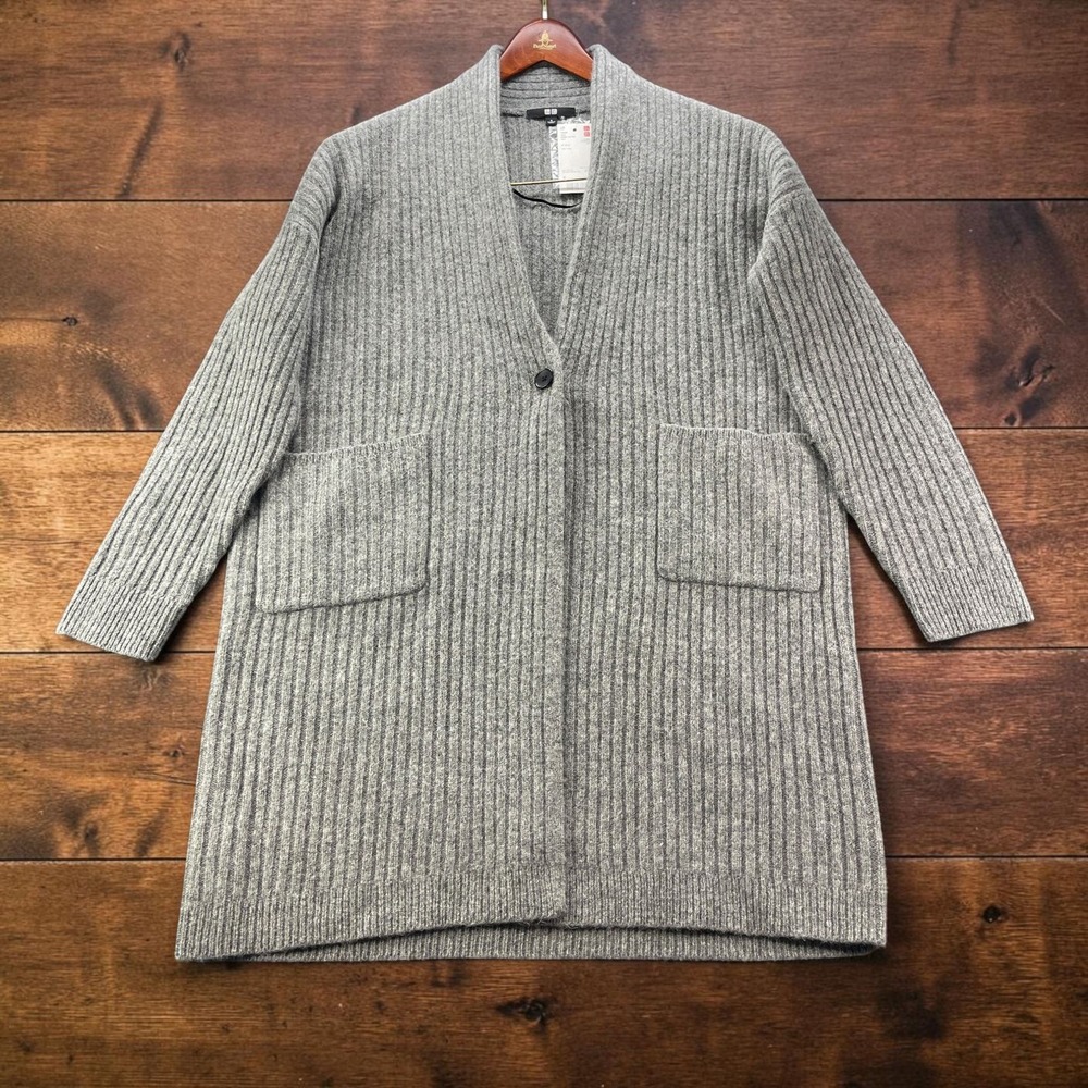 NEW Uniqlo Womens Wool Ribbed Knitted Coat Long Cardigan Gray 100% Wool Size S